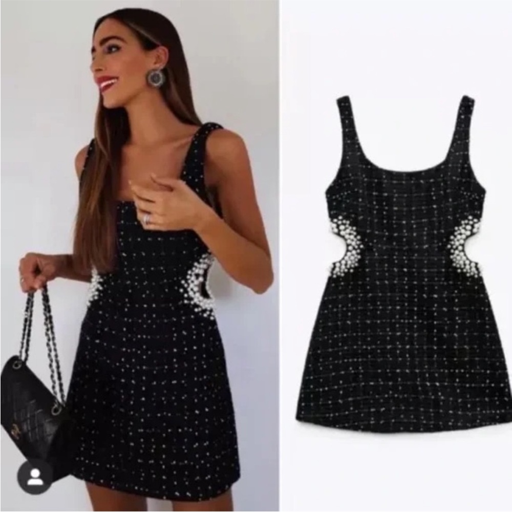 4Sienna Black  Shailene Tweed Bejewelled Cutout Mini Dress size Small